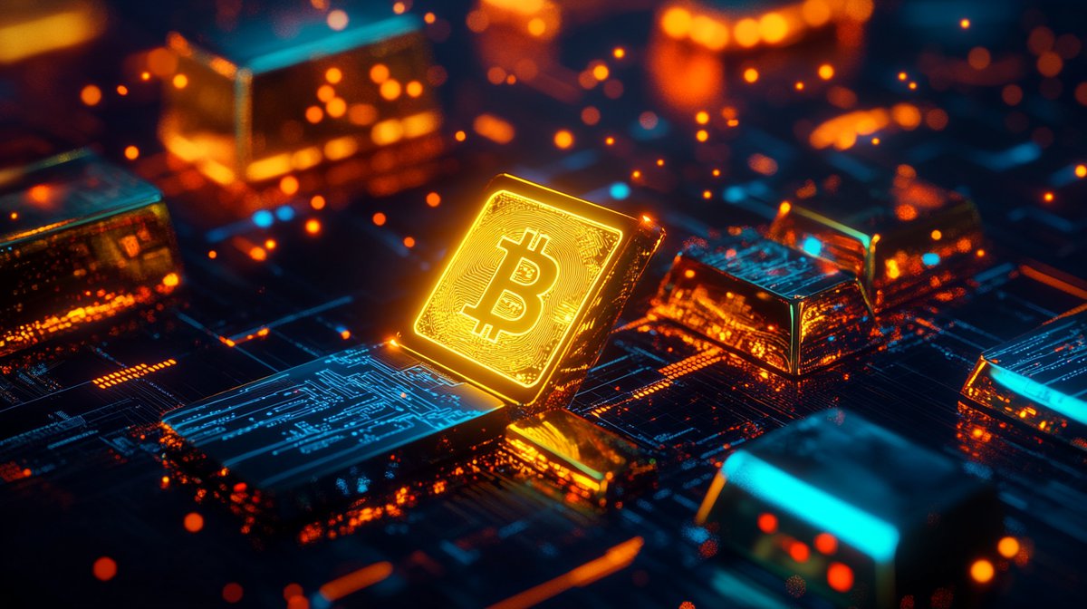 Federal Reserve building at dawn with overlay charts of gold falling and bitcoin rising, blue and amber gradient