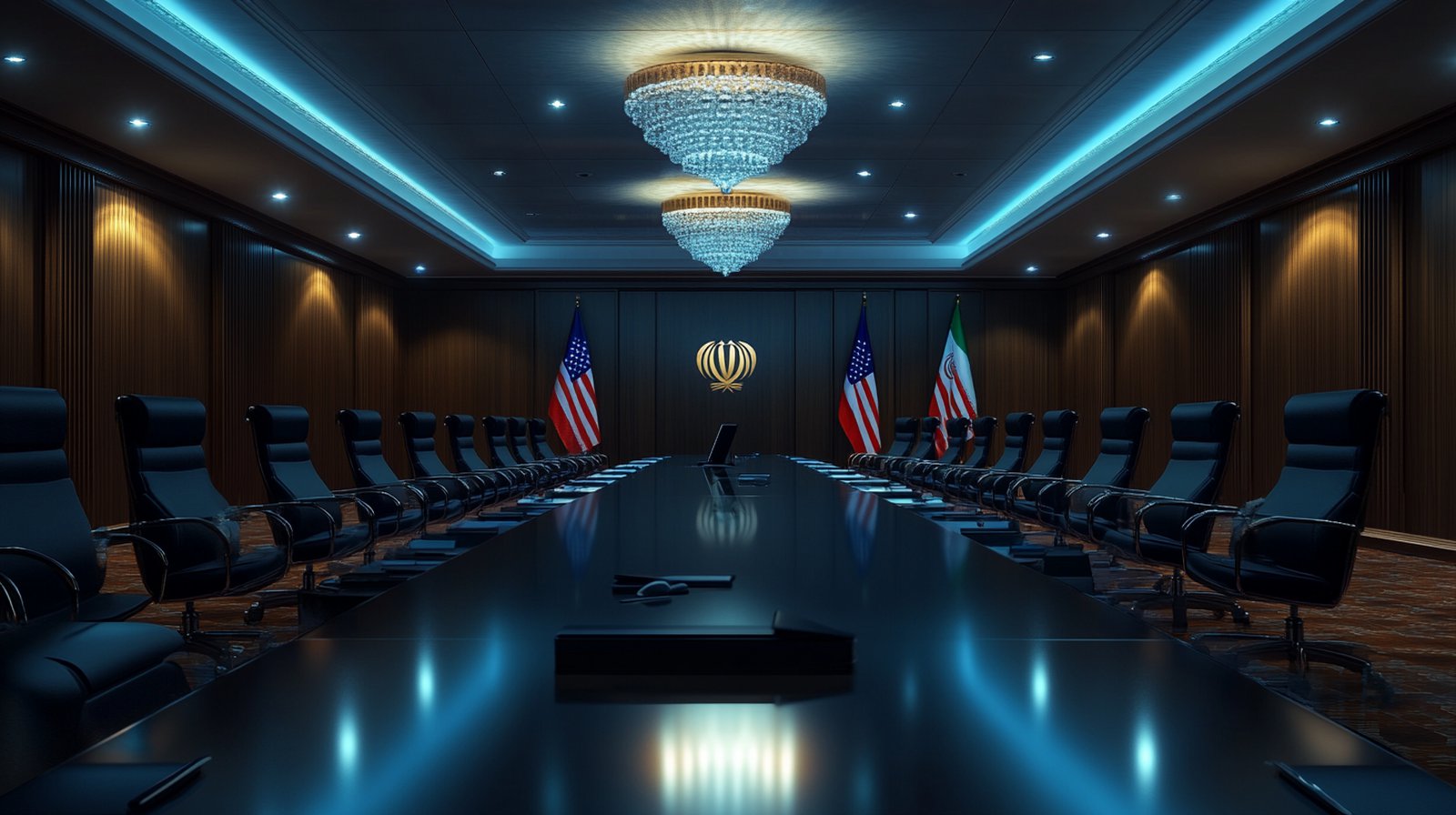 Empty late-night diplomatic conference room in Islamabad, chandelier glowing above a polished table, US and Iranian flags standing on opposite ends