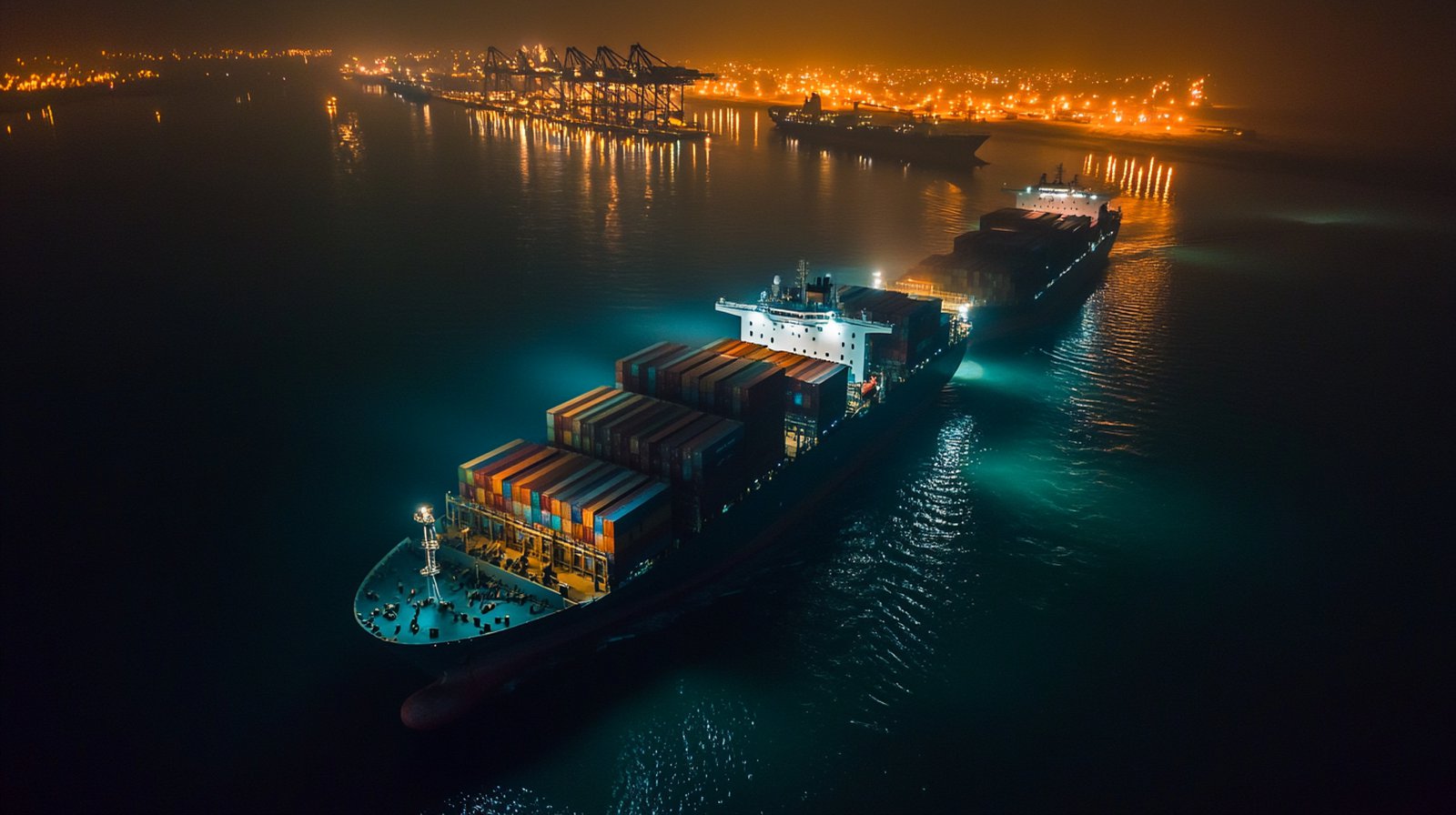Aerial night view of the Strait of Hormuz, two container ships boarded by IRGC fast-attack boats, Bandar Abbas city lights in the distance