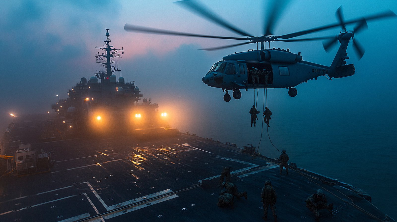 US Navy guided-missile destroyer boarding an Iranian tanker in the Gulf of Oman at dusk, MH-60 Seahawk helicopter overhead, sailors rappelling to the deck