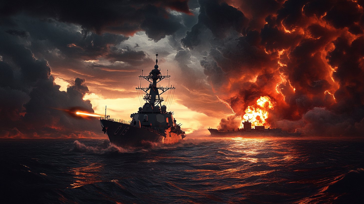 USS Spruance strikes Iranian cargo ship Touska in the Gulf of Oman under a stormy night sky